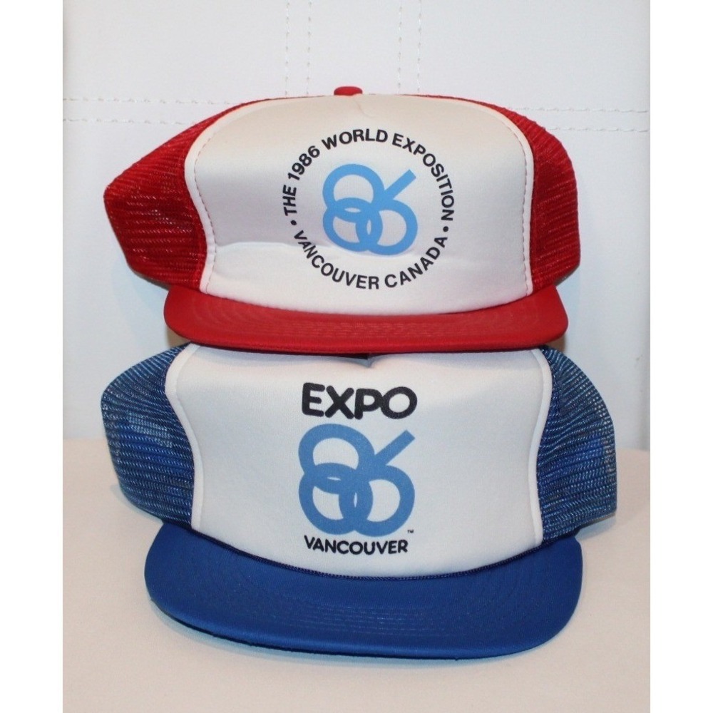 lot of 2 vintage Expo 86 trucker hats OSFA Vancouver World Exposition Korea